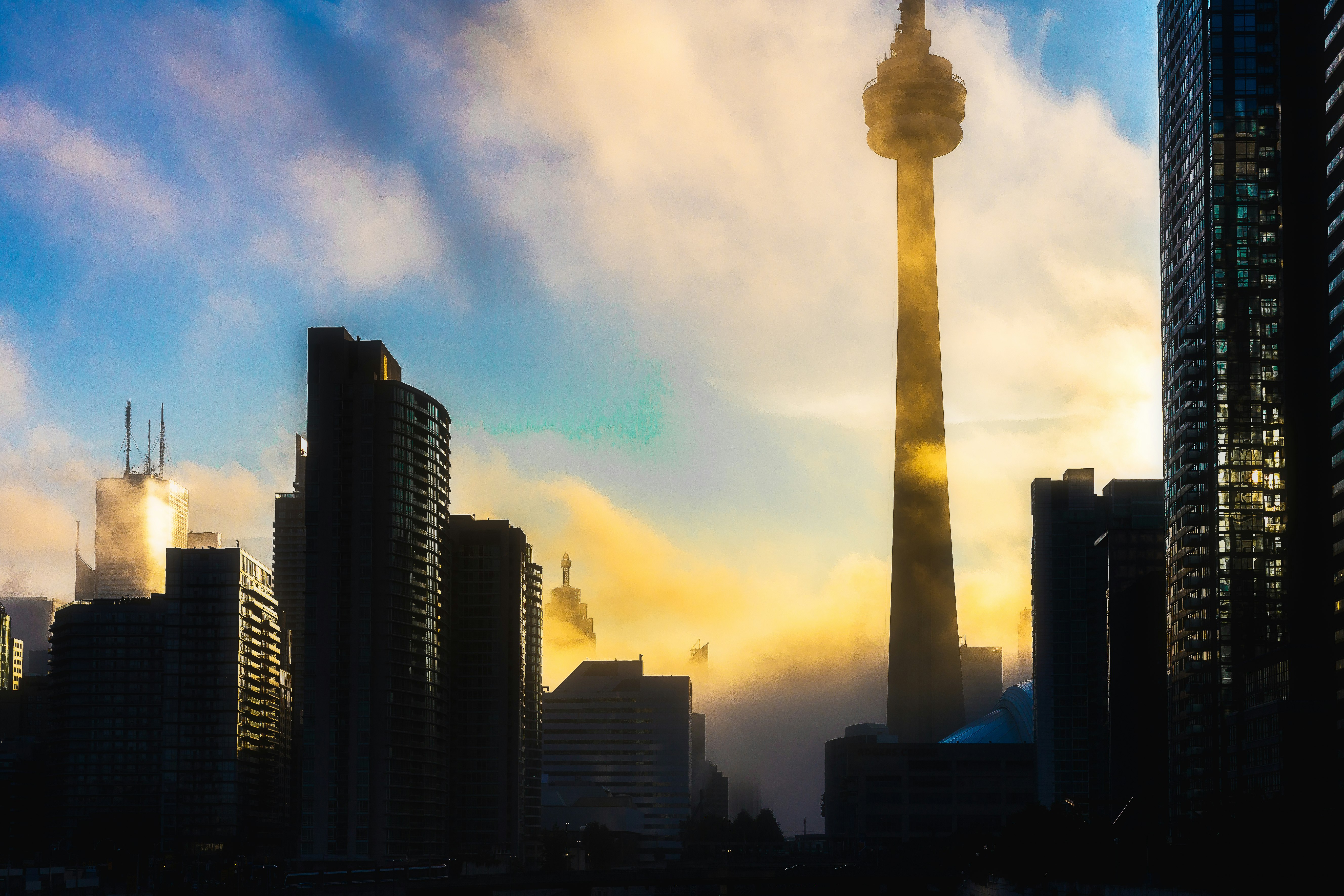 silhouette of high rise building during sunset